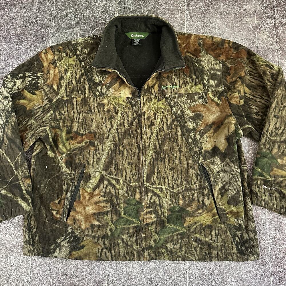 Men's Remington Brown Green Camo Fleece Duck Hunting Zip Up Light Jacket Sz 2XL